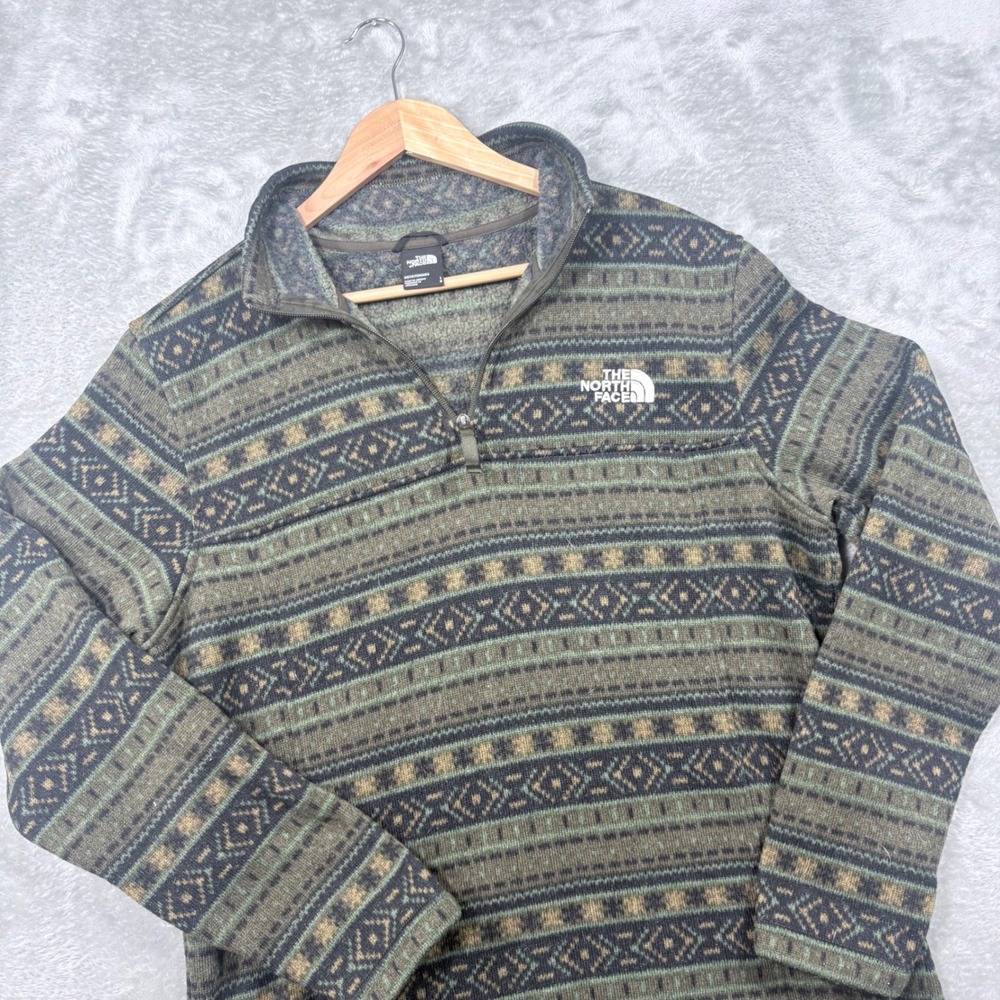 The North Face Fleece Pullover Mens Large Green Brown Fair Isle Quarter Zip